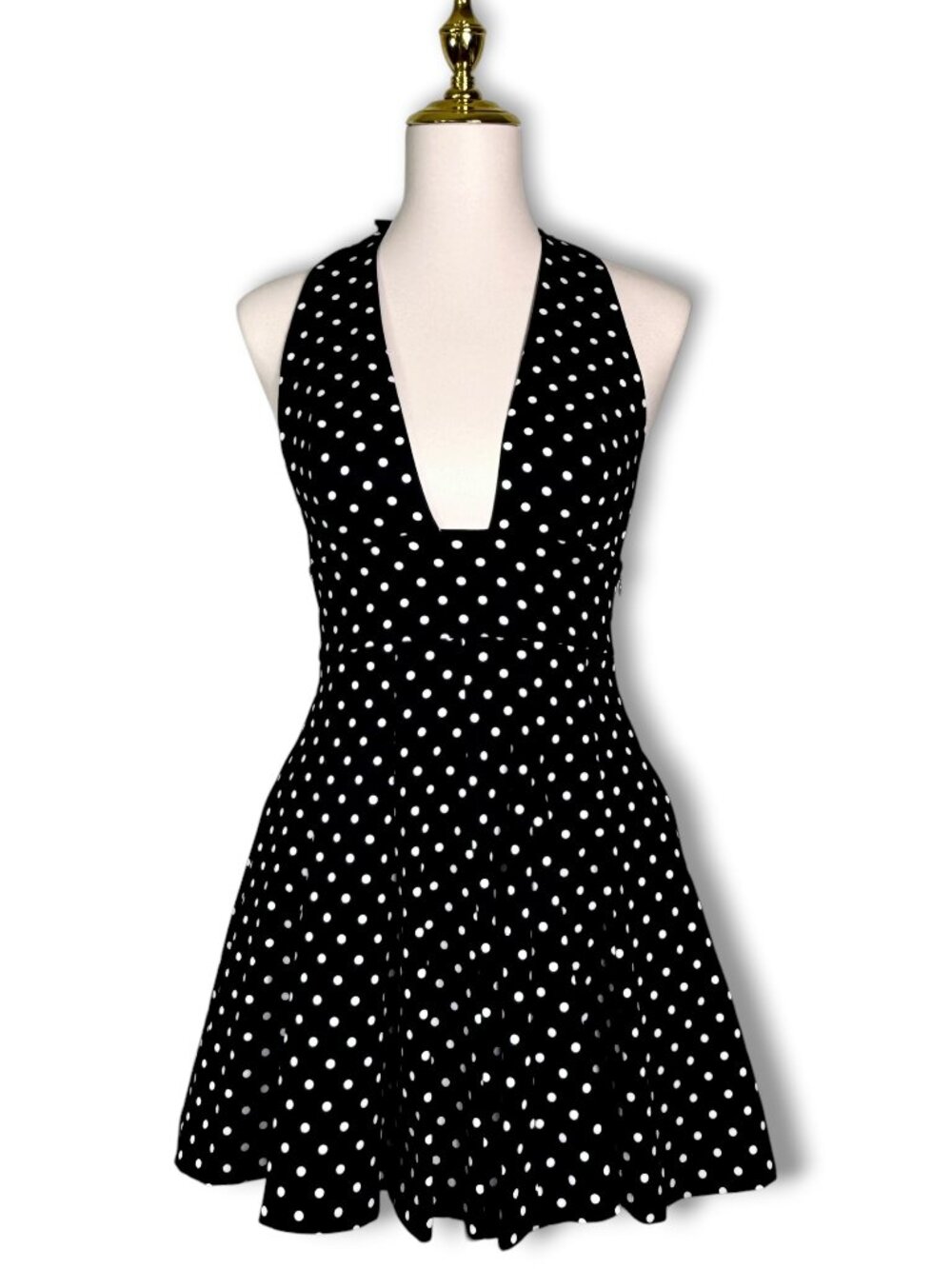 ZARA Black White Polka Dot Halter Mini‎ Dress Open Back Bow Skater XS Summer NEW